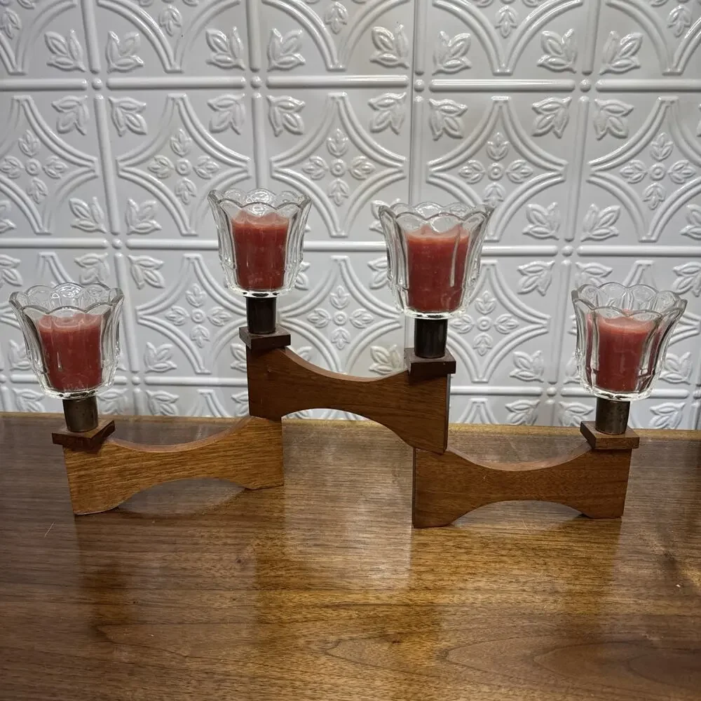 Vtg MCM Wood Brass Articulated 4 Candle Holder Candelabra Danish retro
